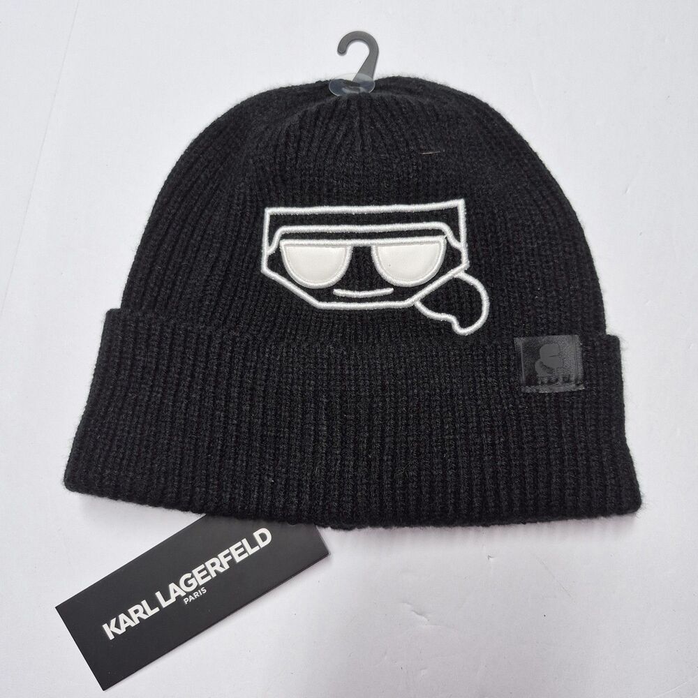Karl Lagerfeld Paris Ikonik Logo Ribbed Knit Black Beanie Hat NWT